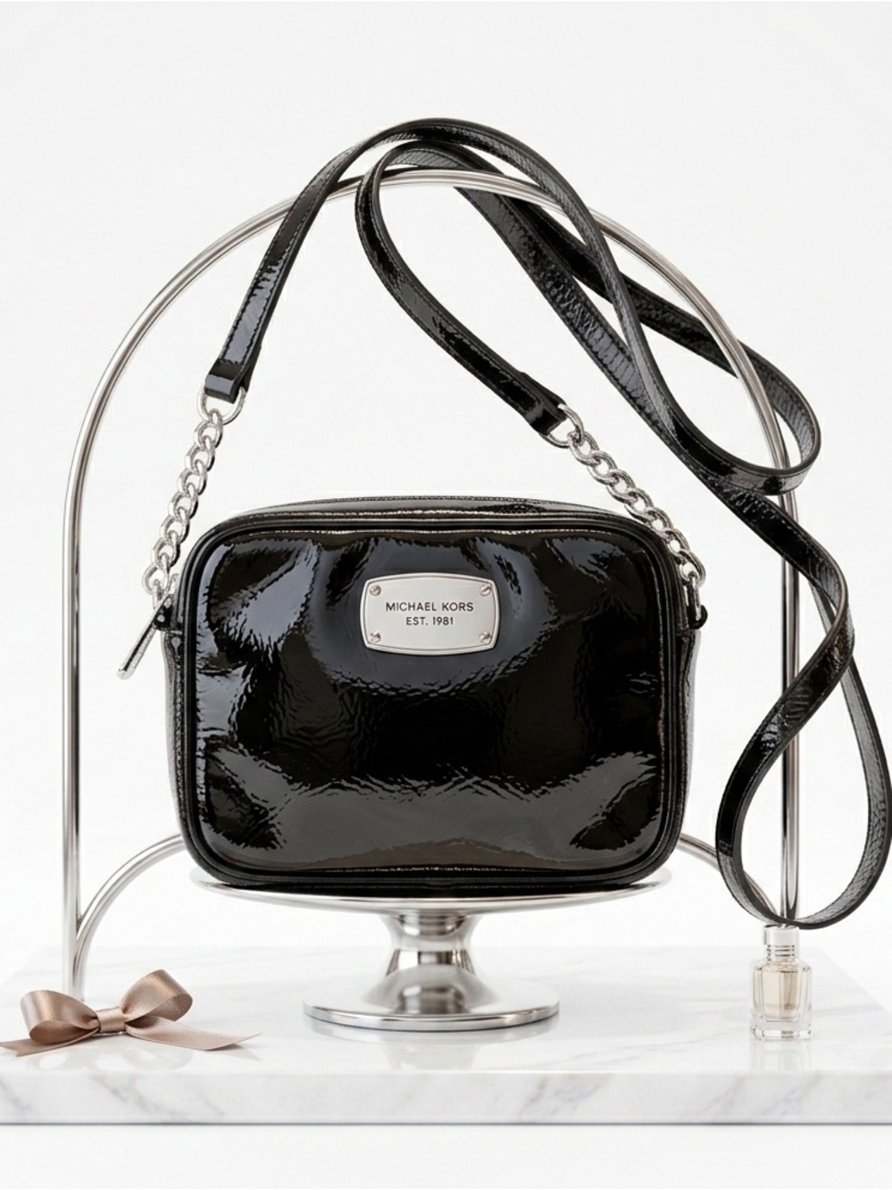 Michael Kors Black Patent Leather Mini Crossbody Silver Hardware Zipper Closure